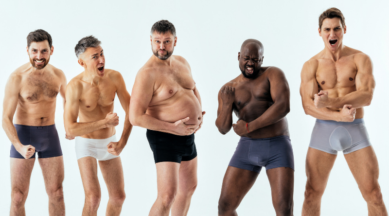 Men of different age, bidy type, ethnicity showing their muscles.